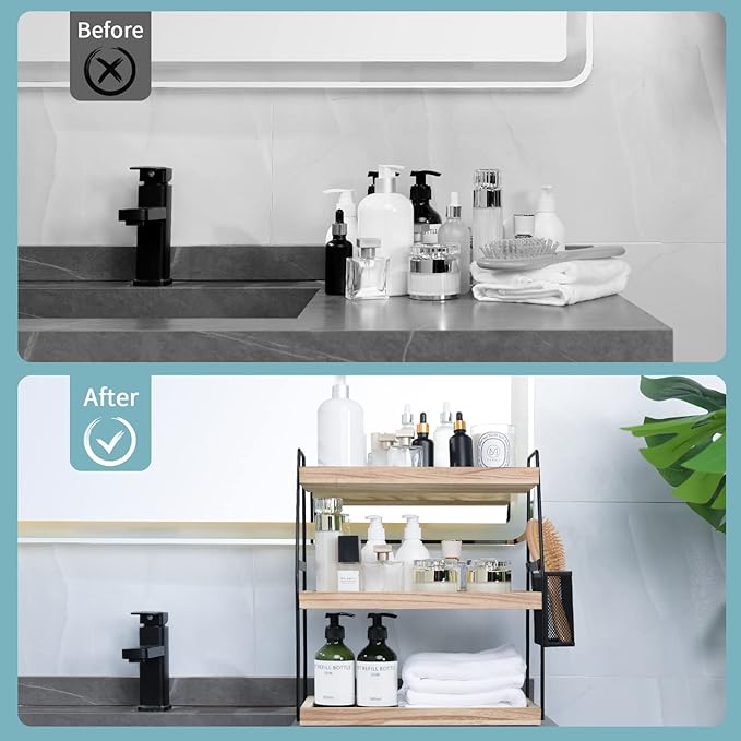 Bathroom Counter Organizer, 3-Tier Standing Storage Shelf with Basket, Wood Tray for Skincare Vanity Organizer