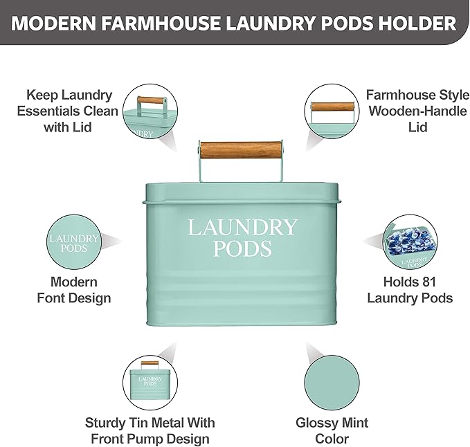 Calindiana Modern Farmhouse Metal Laundry Pods Holder Container with Lid for Laundry Room Decor and Accessories and Space Saving Organization and Storage, Holds 81 Laundry Pods, Mint