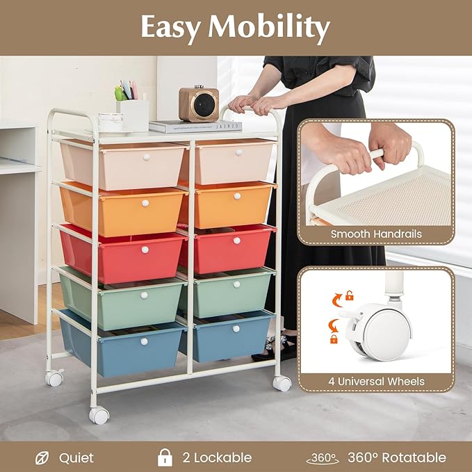 RELAX4LIFE Rolling Storage Cart with 10 Drawers - Craft Storage Cart with Lockable Wheels,Utility Cart, Art Cart Organizer for Crafting Storage, Studio, Office, Home, School Rolling Drawer Cart