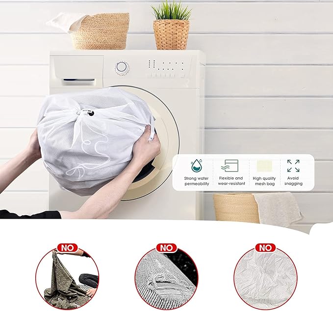 OTraki 2 Pcs Large Mesh Laundry Bags 24X36 Inch Heavy Duty Drawstring Laundry Wash Bag,Laundry Hamper Liner Machine Washable Storage Bag for Travel Hotel Beach Don't Drying, Melting 140-176℉ White