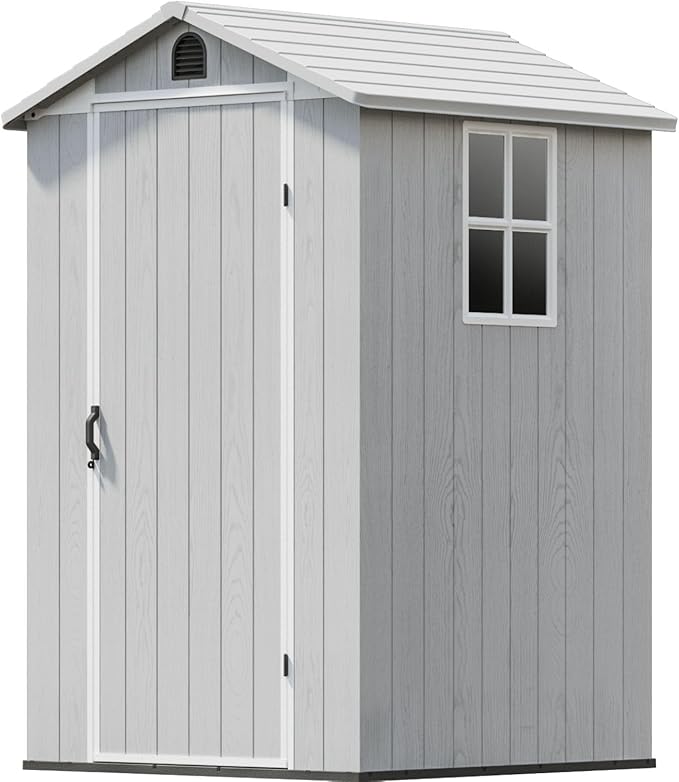 Patiowell 4' x 4' Outdoor Storage Shed with Floor, Plastic Shed Outside Resin Tool Shed with Window and Lockable Door for Backyard Garden Patio Lawn, Light Gray