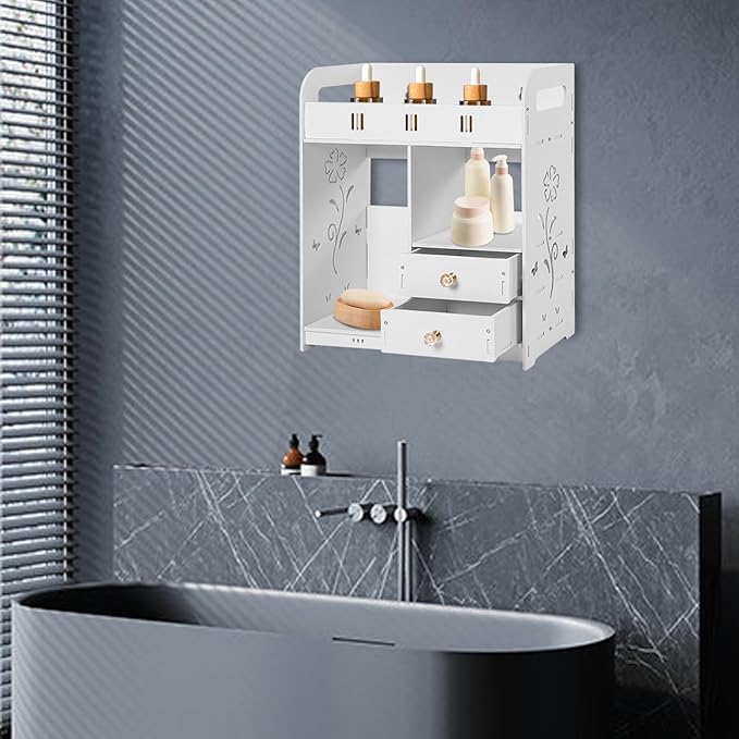 Adhesive Bathroom Wall Cabinet, Bathroom Cabinet Wall Mount with Drawers, Farmhouse Storage Cabinet Toilet Paper Storage 15 X 7 X 17inch