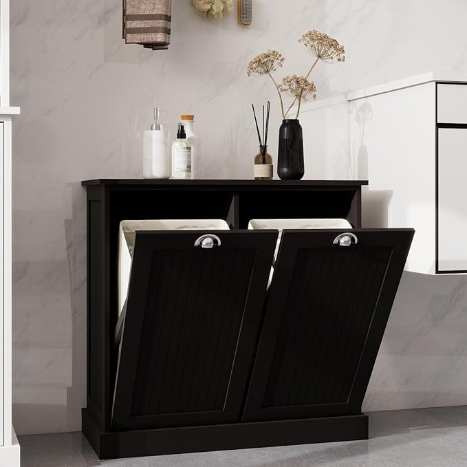 Two-Compartment Tilt-Out Laundry Sorter Cabinet with Removable Bags, E1 MDF Construction, UV Painted Finish, 32.68" L x 31.5" H, 100 Lbs Capacity, Black