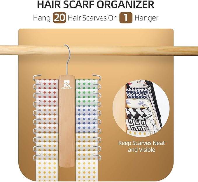 ZEDODIER Wooden Tie Rack, Tie Hanger for Men Closet, 20 Storage Capacity, Non-Slip Rotatable Tie Organizer, Hanging Space Saving Holder, Natural