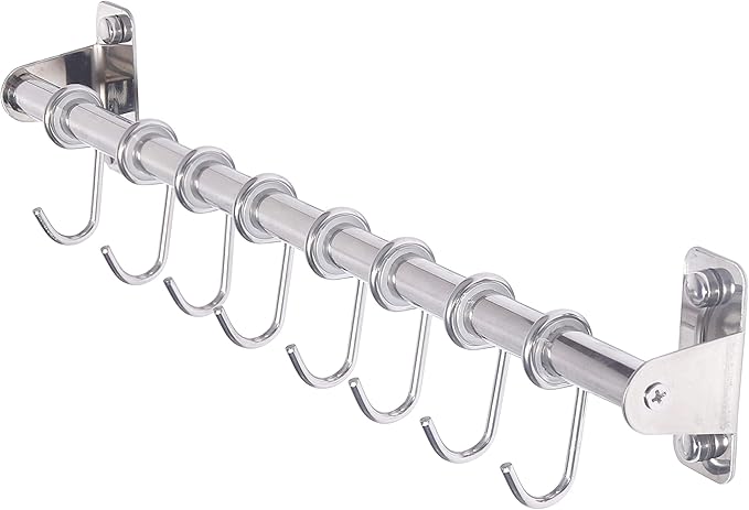 Dseap Kitchen Utensil Holder Hanger, Pot and Pan Rack Wall Mount, Kitchen Rail with 8 Hooks for Hanging Cooking Utensils, Mugs, Spoons, Wall Mounted, Stainless Steel, Chromed