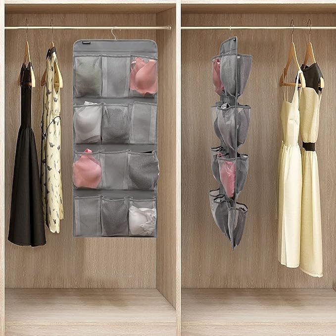 Dual Sided Hanging Shoe Organizer for Closet with Rotating Hanger Hanging Shoe Rack Holder with 24 Large Pockets (Grey-Mesh Pockets)