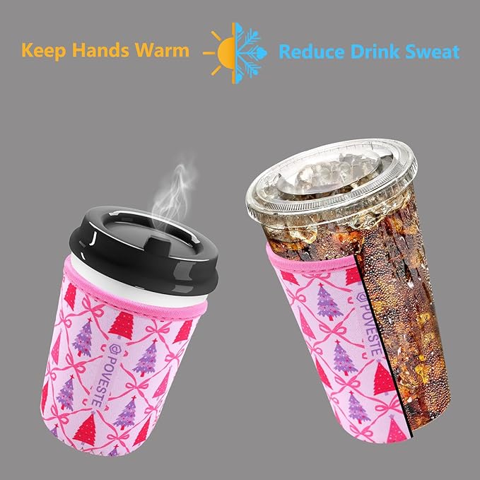 Reusable Neoprene Insulator Sleeve for Iced Coffee & Cold Soda, Coffee Sleeves for Iced & Hot Drinks, Cold Beverage Cooler Compatible with Starbucks, Dunkin (Christmas Tree, Small: 16-18oz)