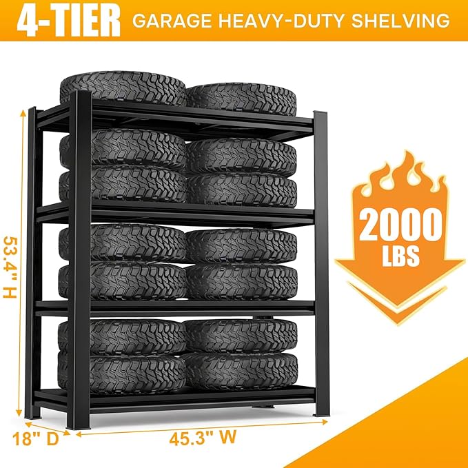 4 Tier Wide Garage Shelving Heavy Duty, Adjustable Metal Shelving Units and Storage for Garage, Warehouse, 45.3" W x 18" D x 53.4" H