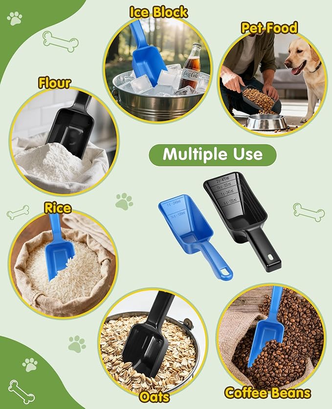 2 Pack Dog Food Scoop with 1 Cup and 2 Cup Capacity, Plastic Pet Food Measuring Scoops with Clear Measurement Lines for Dogs, Cats & More,Dishwasher safe (Blue and Black)