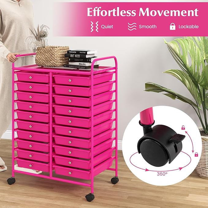 GOFLAME 20-Drawer Rolling Storage Cart, Multifunctional Art Craft Organizer Cart, Mobile Utility Storage Cart with Removable Drawers & Lockable Wheels, Craft Cart for Home Office, Hot Pink