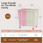 Hoctieon 2 Section Laundry Sorter Cart, 400L Rolling Hamper with Wheels, Industrial Laundry Basket Organizer, Extra Large Dirty Clothes Hamper for Home & Hotel, Heavy Duty, Pink+Beige