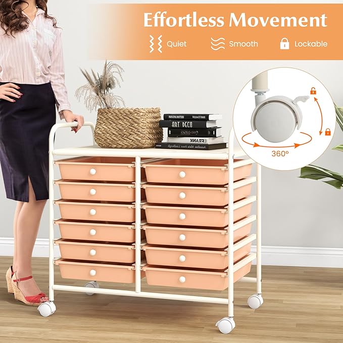 GOFLAME 12-Drawer Rolling Storage Cart, Multifunctional Art Craft Organizer Cart, Mobile Utility Storage Cart with Removable Drawers & Lockable Wheels, Craft Cart for Home Office School, Peach Fuzz
