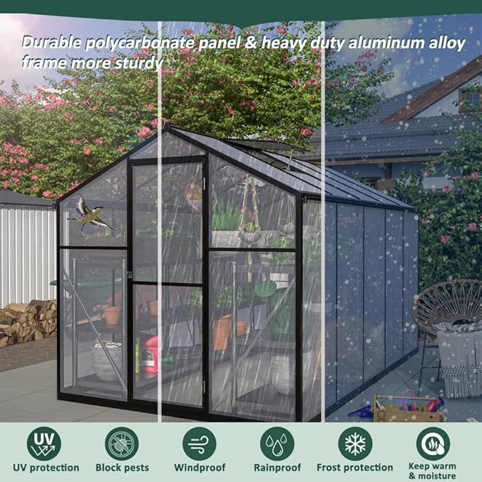 Outdoor Polycarbonate Greenhouse with Aluminum Frame, Walk-in Garden Green House Featuring Lockable Door, Adjustable Roof Vent, and UV-Protected Panels for Backyard or Patio Use (6x10 FT)