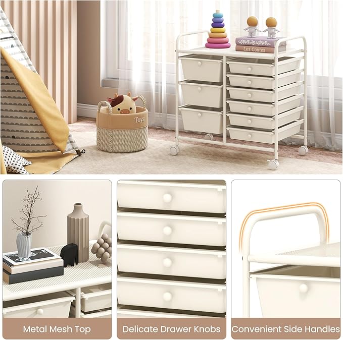 RELAX4LIFE 9 Drawer Rolling Storage Cart - Mobile Drawer Carts for Craft Art Supply Paper Salon, Utility Cart on Wheels for Classroom Teacher School Office, Rolling Cart with Drawers (Ivory White)