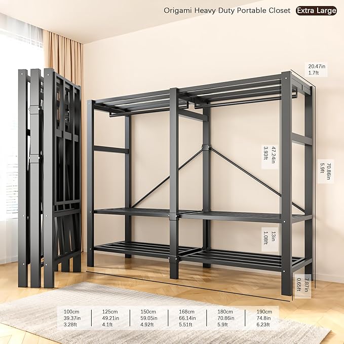 Heavy Duty Portable Closet with Cover Magnetic Doors, Metal Rolling Clothes Rack Heavy Duty 1500LBS, Foldable Clothing Rack, Garment Racks for Bedroom/ LivingRoom/ Rental (KT Woodgrain Black, 59.05in)