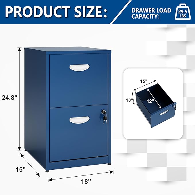 2 Drawer File Cabinet with Lock, Small Filing Cabinet for Home Office, Metal File Cabinet with Drawers for Under Desk, Blue, Assembly Required