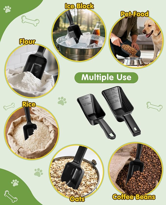 2 Pack Dog Food Scoop with 1 Cup and 2 Cup Capacity, Plastic Pet Food Measuring Scoops with Clear Measurement Lines for Dogs, Cats & More,Dishwasher safe (Black)