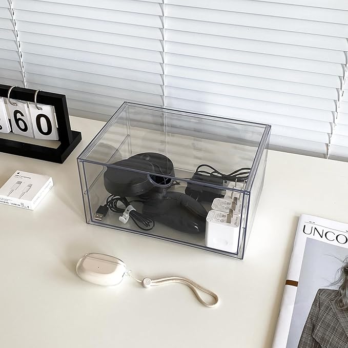 Clear Desk Organizers and Accessories, 2 Pack Plastic Drawer Organizer for Office Supplies, Marker Pen, Art Crafts, Stationery, Coffee Pods, Stackable Home Storage (2 Drawers)