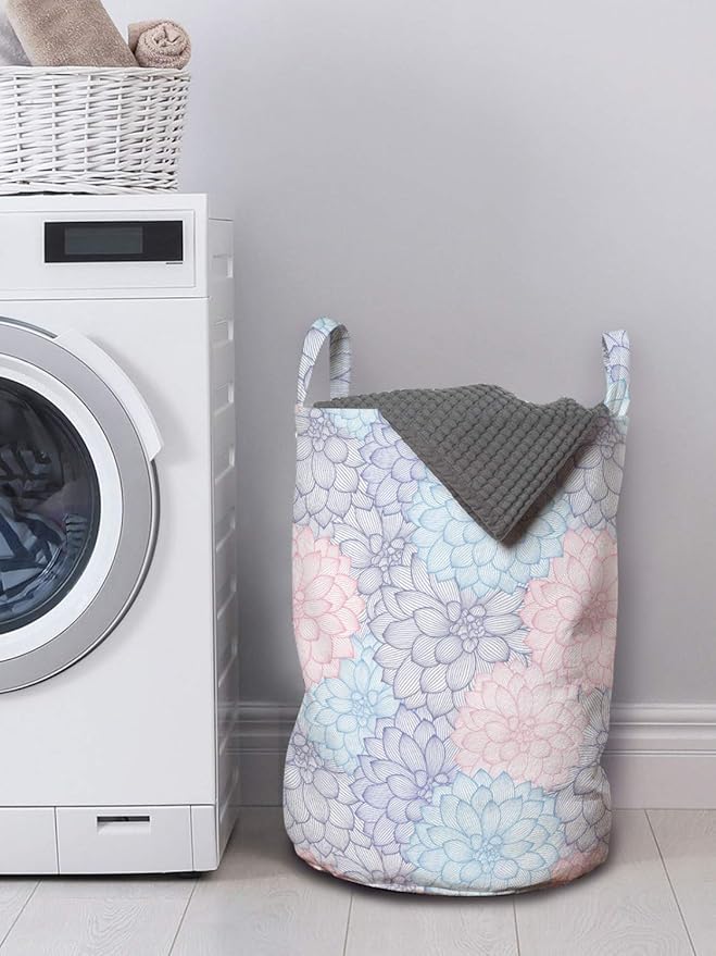 Ambesonne Dahlia Laundry Bag, Stripy Hand-Drawn Dahlia Pale Colored Blossoms in Pink Purple and Blue, Hamper Basket with Handles Drawstring Closure for Laundromats, 13" x 19", Blush