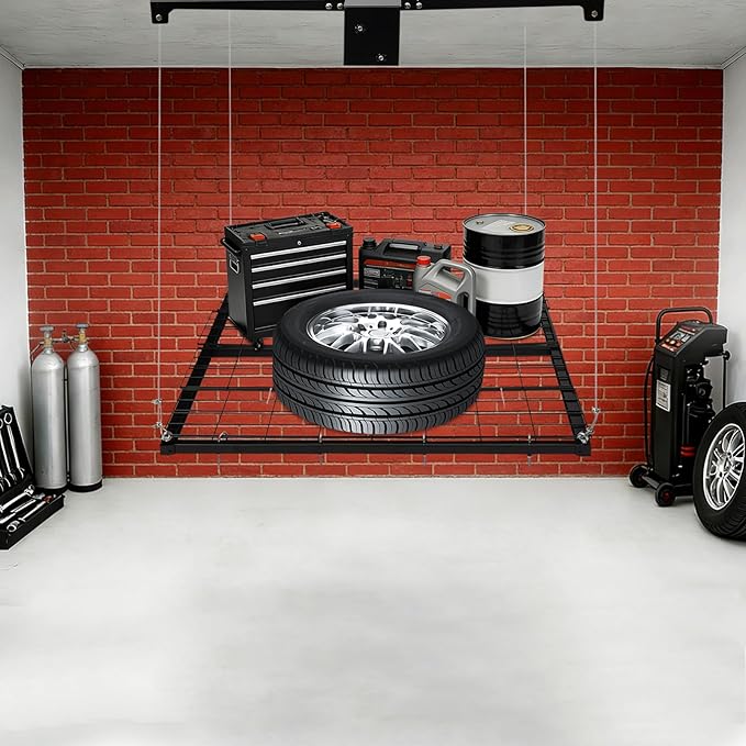 Overhead Garage Storage Rack, 4x4Ft Ceiling Storage Lift 96in Adjustable Height Garage Storage Organization Systerm, Heavy Duty Metal Garages Ceiling Storage Racks, 250lbs Load Capacity (Matte Black1)