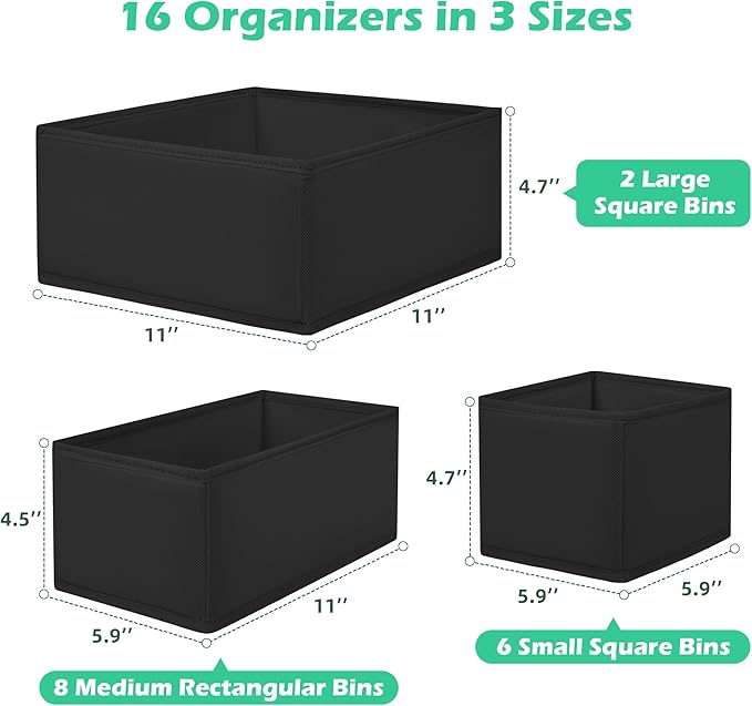 Drawer Clothes Organizer 16-Pack, Black 3 Sizes Underwear Drawer Dividers, Fabric Folding Wardrobe Organizer, Can Store Baby Clothes, Bras, Underwear, Panties, Belts, Socks, Ties, etc.