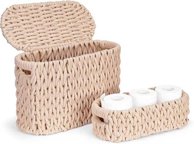 2 Pack Toilet Paper Storage Baskets, Cotton Rope Woven Storage Baskets for Organizing with Handles & Lid, Toilet Paper Baskets Bathroom Coutertop Organizer for 6 Rolls, Bathroom Accessories Organizer