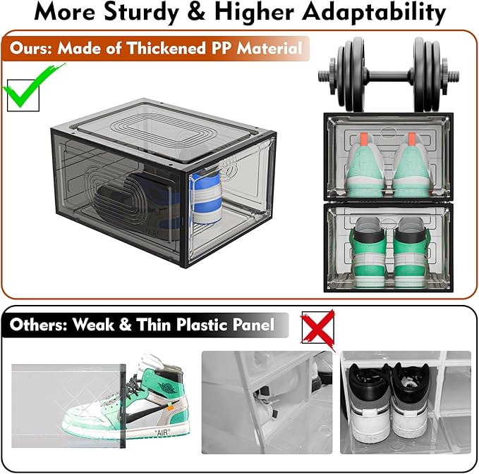 6 Pack Thicken Shoe Organizer Stackable,Upgraded Sturdy Shoe Storage Box with Magnetic Door,Shoe Containers For Sneaker Display,Hat Organizer,Black