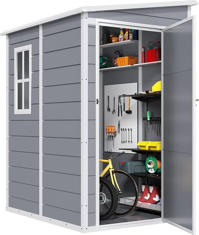 DWVO 5x4ft Resin Outdoor Storage Shed with Floor, Large Waterproof Lockable Storage Shed with Window, Plastic Outside Tool Storage for Garden Backyard Patio Lawn (Gray)