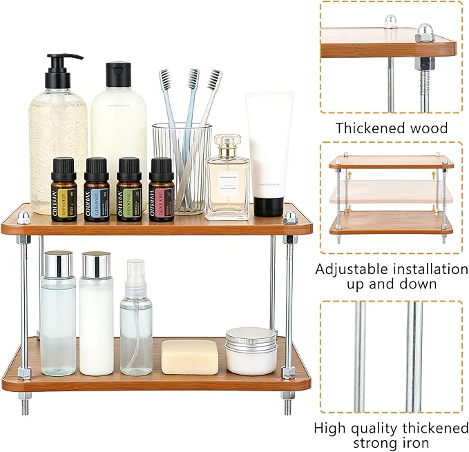 2-Tier Bathroom Counter Organizer Wooden Bathroom Shelf for Makeup Skincare Perfume and Spices Countertop Organizer Shelf for Corner Vanity Coffee Station Kitchen Office and Home Decor