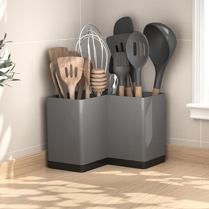 Suli Utensil holder, Kitchen Utensil Organizer for Corner Countertop,Extra Large Silverware Organizer with 3 Compartments,Farmhouse Decor, Iron, Grey
