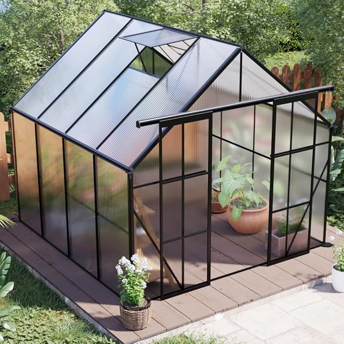 Heavy-Duty Walk-in Polycarbonate Greenhouse with Dual Sliding Doors, Adjustable Roof Ventilation, and Galvanized Steel Base for Year-Round Outdoor Gardening (Black 8*8FT)