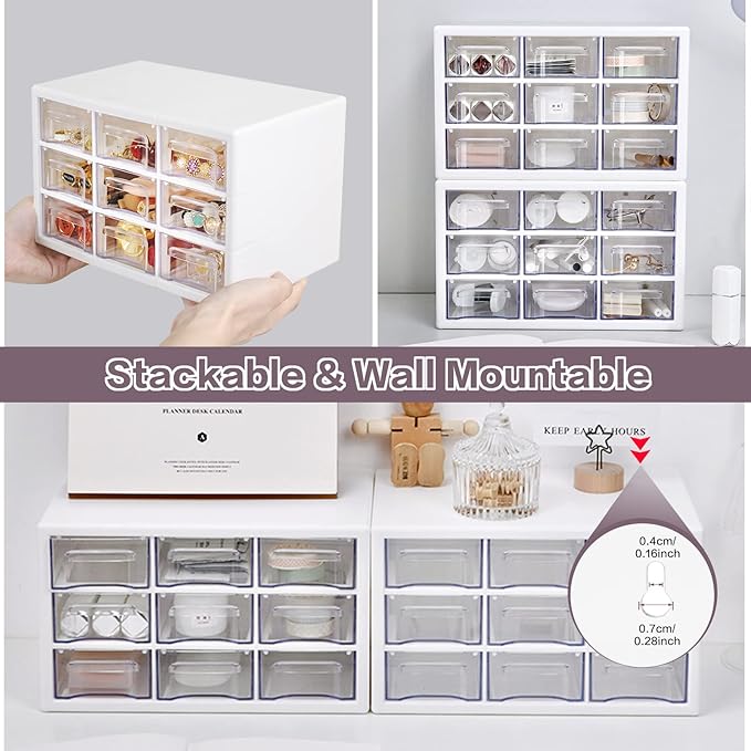 Desk Storage Organizer with 9 Drawers, MYKASEN Clear Plastic Storage Cabinet, Stackable Desk Storage Box for Makeup Office Craft Hardware Art Supplies, 9.8x6.3x5.9inch(White)