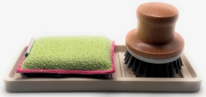 Happitasa Silicone Kitchen Sink Organizer Tray, Sponge Holder and Countertop Protector | Bathroom and Kitchen Soap Dish and Dispenser Tray (Sand Dollar, 9"x3.5", 5.6 Ounces)