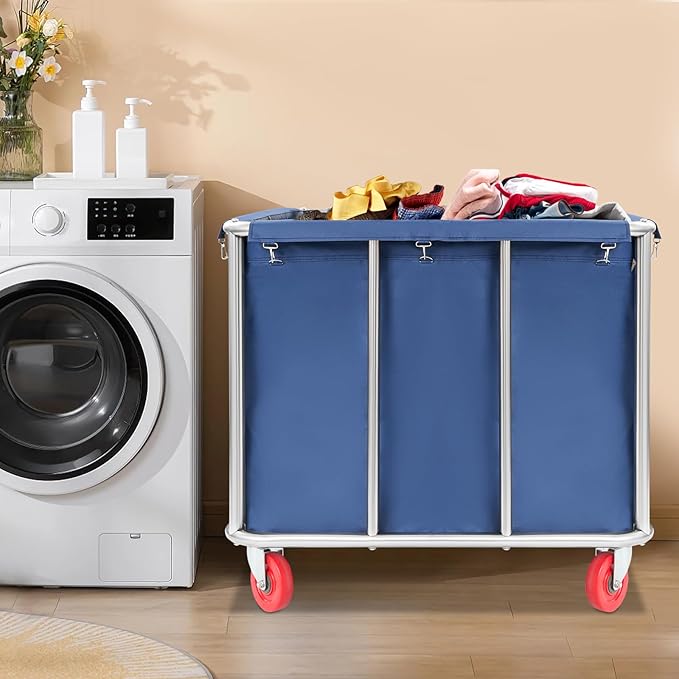 Commercial Laundry Cart with Wheels, Large Heavy Duty Laundry Sorter with Oxford Bag, Laundry Cart for Home Hotel, 260LBS Load (Blue)
