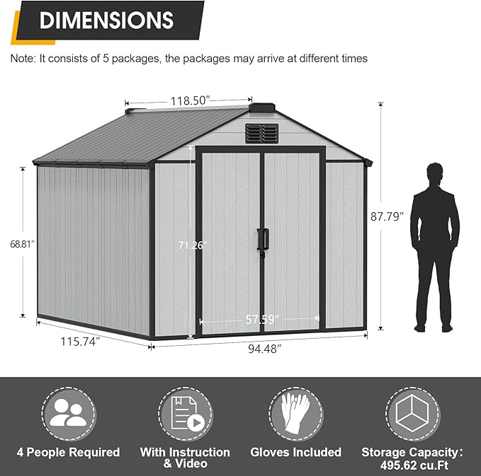 MELLCOM 8 x 10 FT Resin Garden Storage Shed with Floor and Lockable Door, Outdoor Storage Shed with Windows, Resin Tool Shed for Pool Supply, Lawnmower,Bike