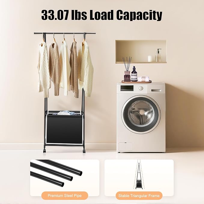 Laundry Cart with Hanging Rack, Metal Rolling Laundry Cart Laundry Hamper with Fabric Storage Basket Clothes Rack with Lockable Wheels for Hanging Clothes & Storing Toys Hats (Black)