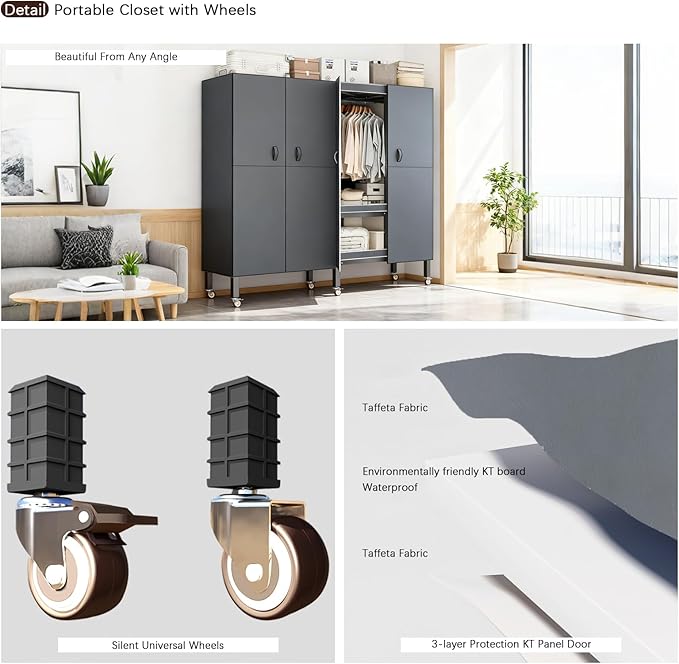 Heavy Duty Portable Closet with Cover Magnetic Doors, Metal Rolling Clothes Rack Heavy Duty 1500LBS, Foldable Clothing Rack, Garment Racks for Bedroom/LivingRoom/Rental (KT Grey, 66.14in)