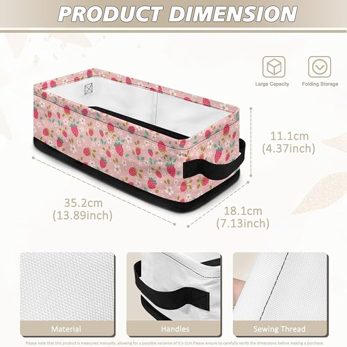 Storage Bin Organizer Collapsible Fabric Basket for Bathroom Kitchen Office Home Storage with Handles for Easy Carrying 13.89 x 7.13 x 4.37 Inch, Strawberry Flower Pink