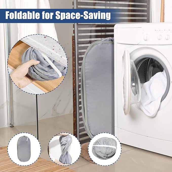 2 Pack Collapsible Laundry Baskets, Upgrade Pop Up Laundry Hamper with Convenient Bags, Foldable Laundry Basket Mesh Light Weight, Easy to Carry Clothes Hampers for Laundry, Dorm, Toys, Travel Grey