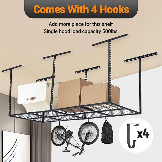 PeakPursuit 3x8FT Overhead Garage Storage Rack, 600LB Capacity Heavy Duty Ceiling Storage Racks, 22-40" Height Adjustable Metal Organizer System for Seasonal Items & Tools