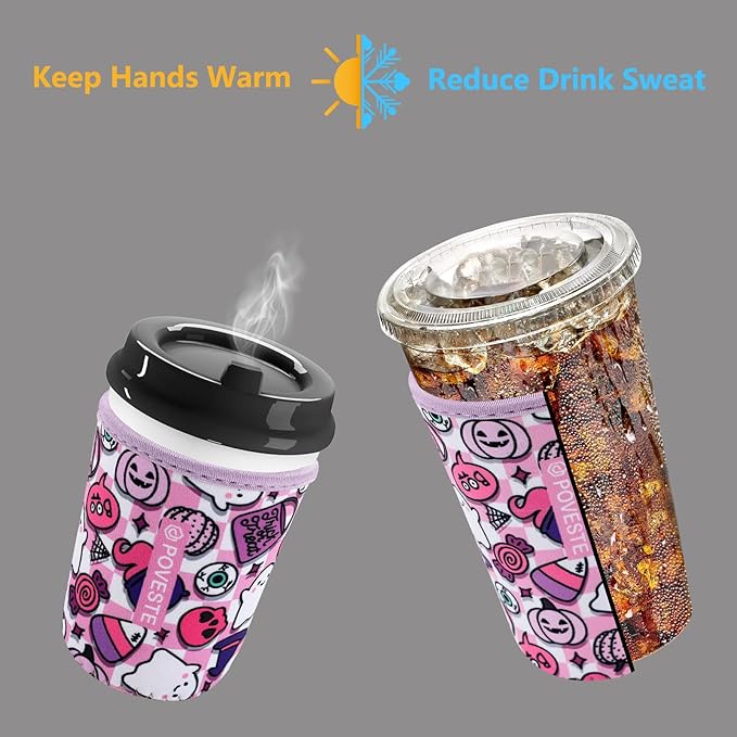 Reusable Neoprene Insulator Sleeve for Iced Coffee & Cold Soda, Coffee Sleeves for Iced & Hot Drinks, Cold Beverage Cooler Compatible with Starbucks, Dunkin (Checkerboard Halloween, Medium: 22-24oz)