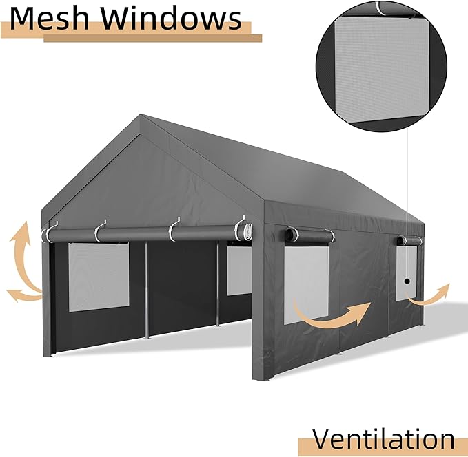 JY QAQA Carport, 12x20 FT Heavy Duty Carport with Roll-Up Window and Sandbags, Portable Garage with Removable Side Walls and Doors, Car Canopy with All-Season Tarp for Cars, Trucks, Boats, Grey