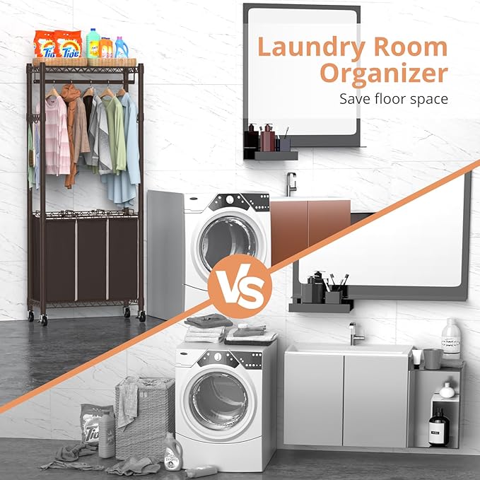 3-Section Laundry Sorter With Hanging Bar, Rolling Hamper Cart, Basket Organizer, Hanging Rack, Lockable Wheels and Removable Bags for Clothes Storage, Espresso