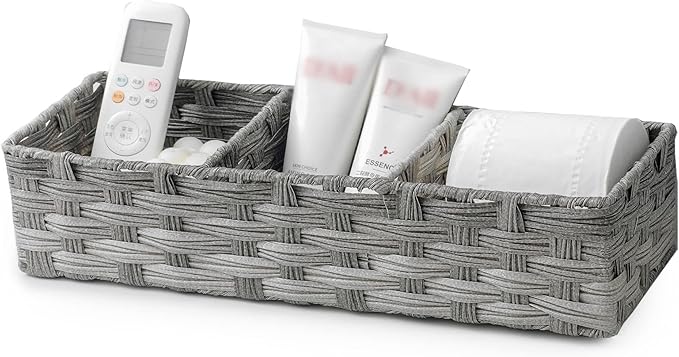 Toilet Tank Topper Paper Basket Multiuse Hand Woven Plastic Wicker Basket Bins with Divider for Shelves Rustic Farmhouse Bathroom Decor Countertop Organizer Storage