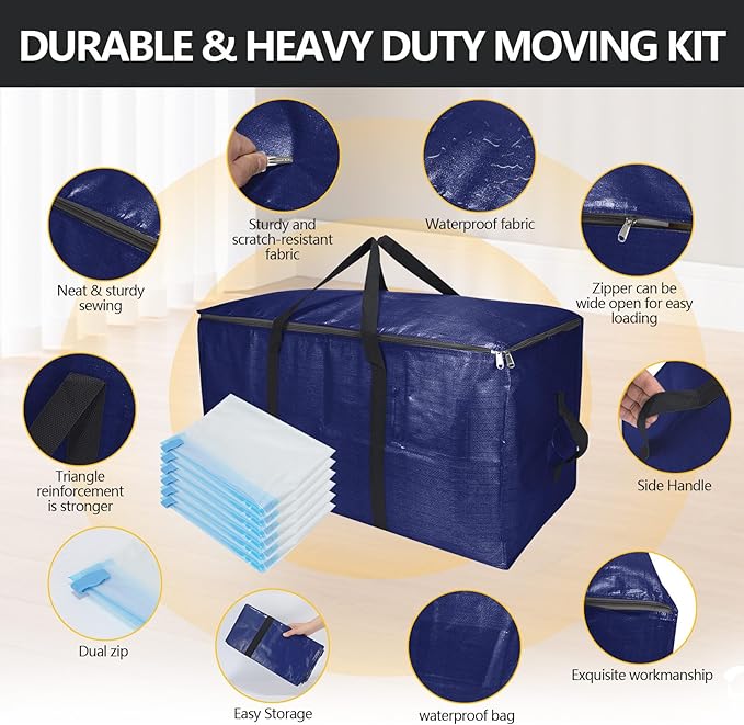 Heavy-Duty Extra Large Moving Bags with Zippers,Extra Large Storage Bag Set Heavy Duty Moving Totes Dual-Way Carrying Design,College Dorm,Christmas Storage Bag(Blue,6 Moving bag & 10 Vacuum Seal Bags)