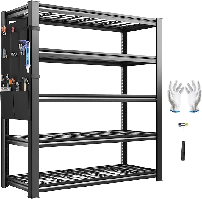 REIBII 5-Tier Storage Shelves,38.2" W Heavy Duty Garage Shelving Load 2500LBS,Metal Shelving Units with Tool Storage Bag, Adjustable Wire Shelving Industrial for Basement,66" H x16 D,Black