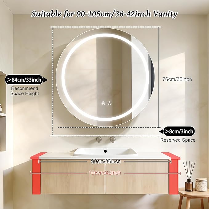 30 inch Round Medicine Cabinet with Lights,Led Medicine Cabinet with Defogger,Illuminated Mirror Cabinet for Bathroom,Dimmable,Defogger,3 Color Temperature 3000k-6500k Black