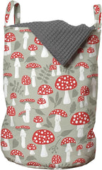 Ambesonne Cartoon Laundry Bag Pack of 2, Poisonous Amanita Mushroom Pattern with Foliage and Berry Silhouettes, Hamper Basket with Handles Drawstring Closure, 13" x 19", Pale Sage Green White