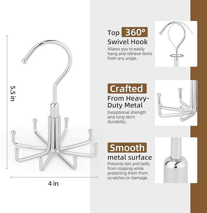 ZEDODIER Tie Hanger for Closet, Rotatable Tie Organizer for Men with 8 Hooks, Heavy Duty Space Saving Tie Rack for Ties and Belts, Silver