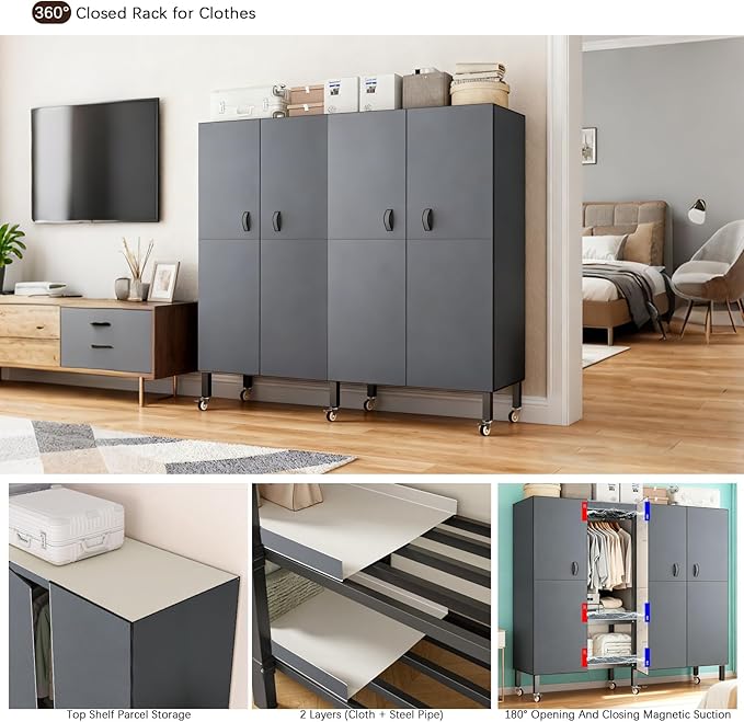 Heavy Duty Portable Closet with Cover Magnetic Doors, Metal Rolling Clothes Rack Heavy Duty 1500LBS, Foldable Clothing Rack, Garment Racks for Bedroom/LivingRoom/Rental (KT Grey, 66.14in)